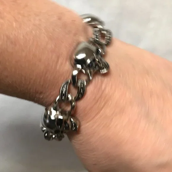 Skull Bracelet Chain Biker Silver Rock Mans Moto Gothic Motorcycle Skulls Unisex - Picture 9 of 10